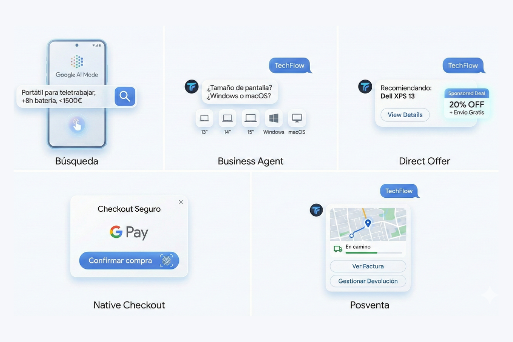 Infografía que muestra un proceso de compra en línea en cinco pasos: búsqueda asistida por IA, interacción con un agente de negocios, una oferta directa de un producto patrocinado, una pantalla de pago seguro con Google Pay y el seguimiento posventa del pedido con opciones para ver la factura y gestionar la devolución.