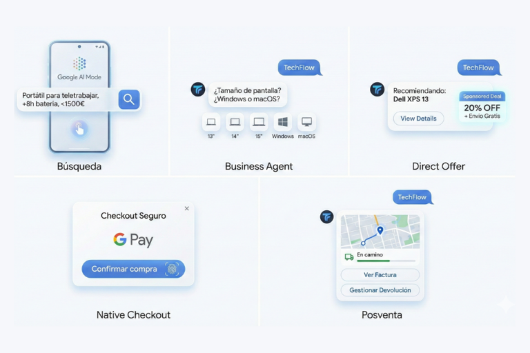 Infografía que muestra un proceso de compra en línea en cinco pasos: búsqueda asistida por IA, interacción con un agente de negocios, una oferta directa de un producto patrocinado, una pantalla de pago seguro con Google Pay y el seguimiento posventa del pedido con opciones para ver la factura y gestionar la devolución.